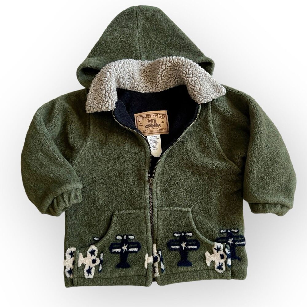 Boys Authentic Flight Gear Green Airplane Fleece Hooded Aviator Bomber Jacket 4